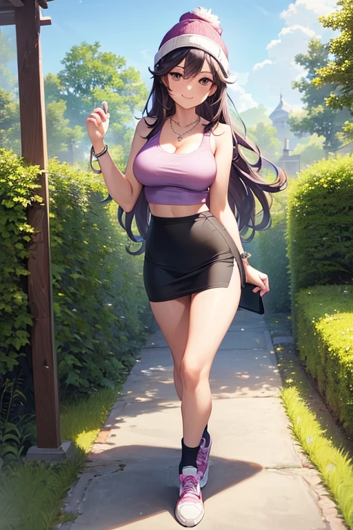 ((masterpiece, best quality, ultra-detailed)), 1girl, beautiful confident woman walking through a garden, smiling, pink tank top, midriff, bracelet, necklace, black midi pencil skirt, long black skirt, sneakers, socks, headphones, beanie, full body, wavy purple hair