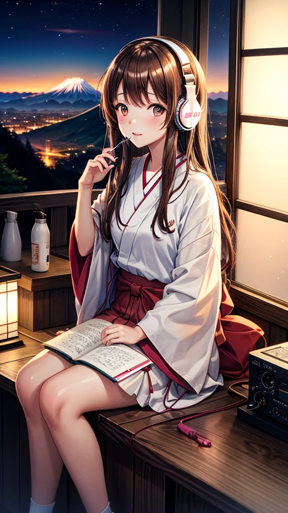 Lo-Fi Research, girl, write, ~ ~ Side, japanese girl, Brown Hair, Medium Long Hair, Headphones, Summer clothes, window, mount fuji background, summer night