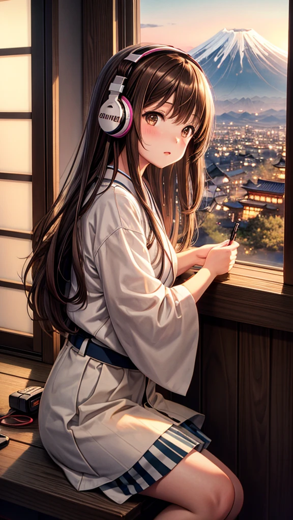Lo-Fi Research, girl, write, ~ ~ Side, japanese girl, Brown Hair, Medium Long Hair, Headphones, Summer clothes, window, mount fuji background, summer night