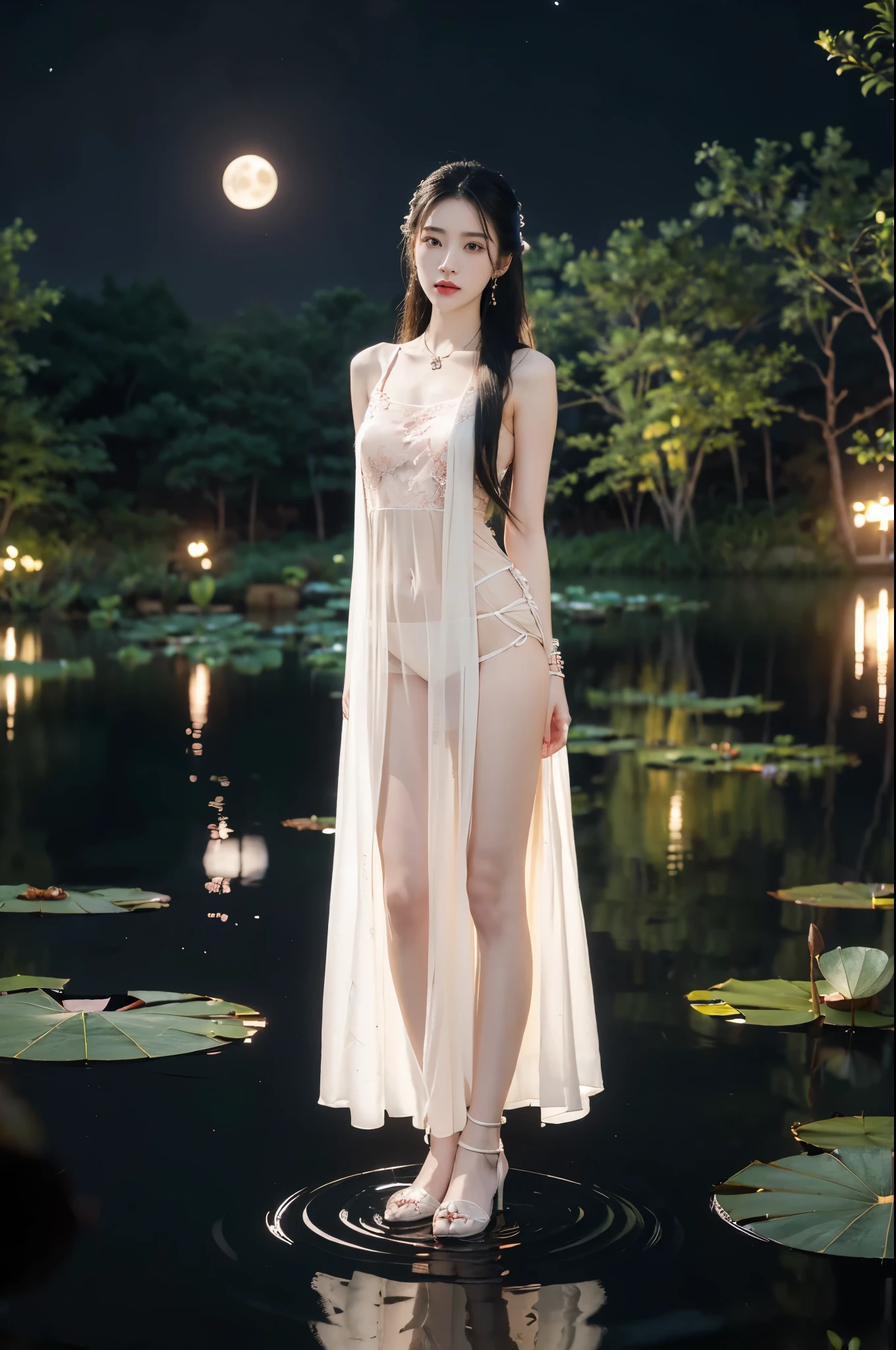 (((best quality))),(((ultra detailed))),(((masterpiece))),illustration,((1 beautiful young girl,solo)),((slim,thin)),(shoulder length straight hair:1.2),((earrings,necklace)),((small breasts,flat chest)),(see through traditional pink sheer Hanfu dress:1.3),((slender legs,bare legs,loafers)),(beside the lotus pond full of lotus flowers:1.3), serene moonlight, ethereal,floral pattern, water movement, billowing fabric, tranquil, moon reflection, petals, fireflies, magical, light,warm light, dreams, invitation, (standing:1.3),(arms behind back:1.3),gazing, reflection, inner thoughts, emotional, sweet scent, natural beauty, solitude, hypnotic lull, eternal summer,(night scene:1.3), natural world, human spirit, celebration, backdrop, water, glow,((from front,full body))