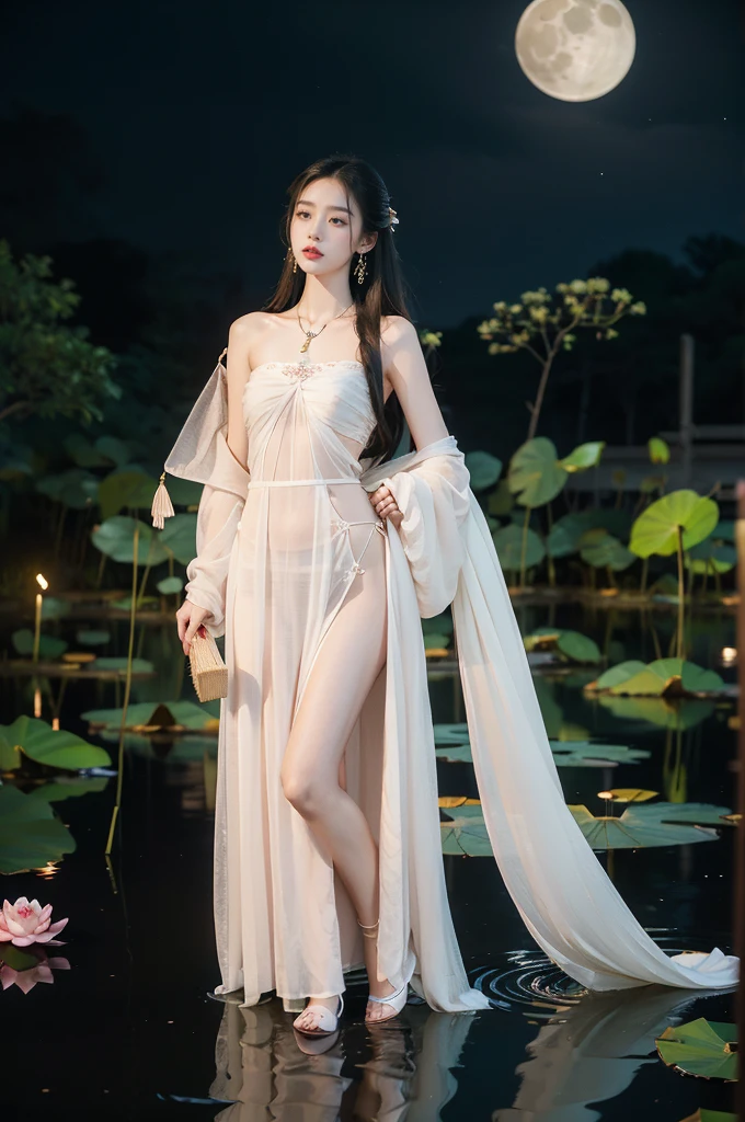 (((best quality))),(((ultra detailed))),(((masterpiece))),illustration,((1 beautiful young girl,solo)),((slim,thin)),(shoulder length straight hair:1.2),((earrings,necklace)),((small breasts,flat chest)),(see through traditional pink sheer Hanfu dress:1.3),((slender legs,bare legs,loafers)),(beside the lotus pond full of lotus flowers:1.3), serene moonlight, ethereal,floral pattern, water movement, billowing fabric, tranquil, moon reflection, petals, fireflies, magical, light,warm light, dreams, invitation, (standing:1.3),(arms behind back:1.3),gazing, reflection, inner thoughts, emotional, sweet scent, natural beauty, solitude, hypnotic lull, eternal summer,(night scene:1.3), natural world, human spirit, celebration, backdrop, water, glow,((from front,full body))