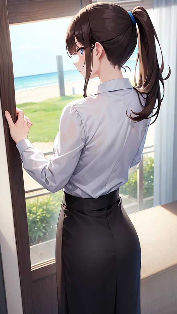 ponytail, brown hair, blue eyes, dress shirt, standing, Pale skin, from behind, --niji 5 --ar 2:3 --s 1000