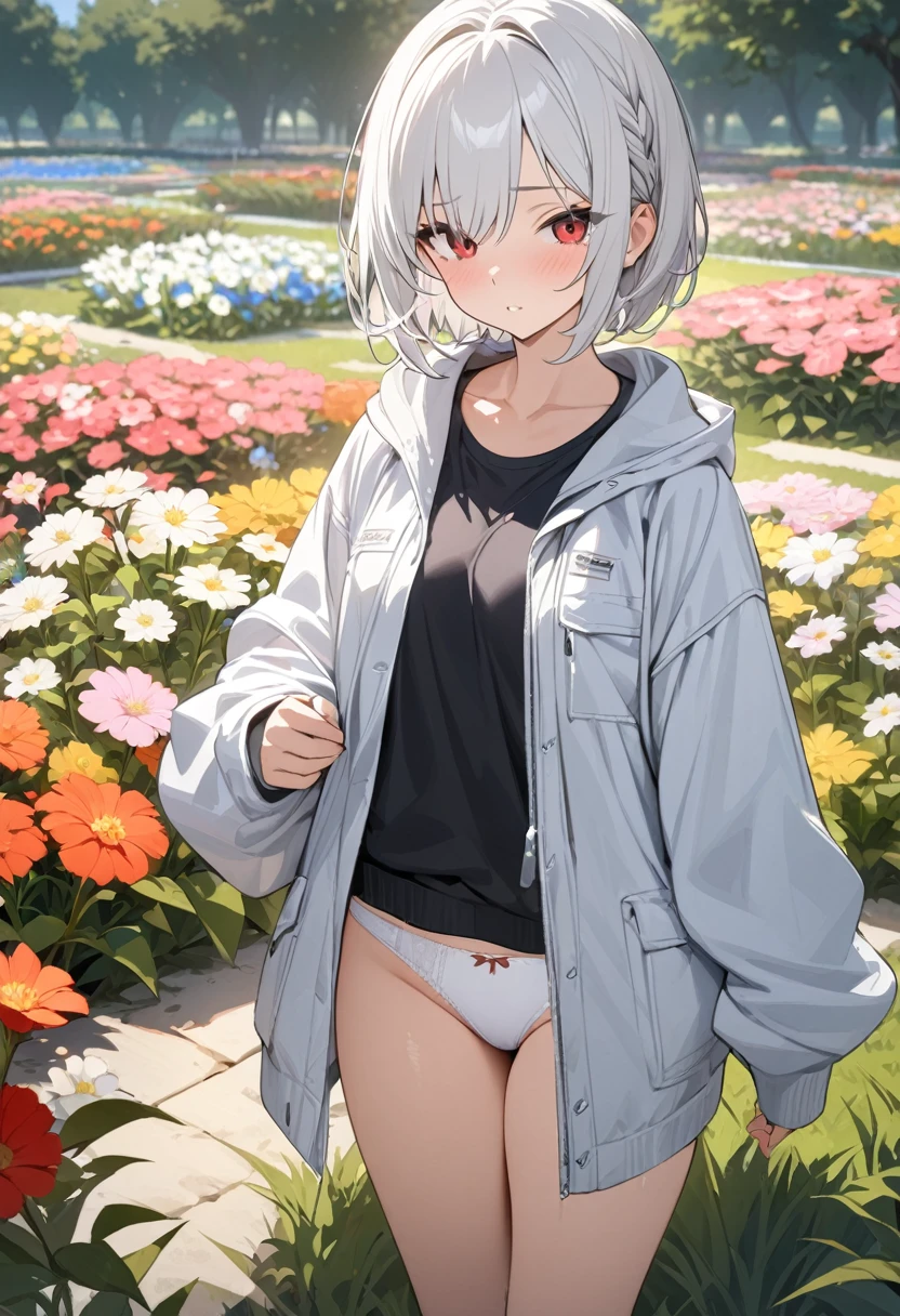 ((masterpiece)), (Highest quality), (Simple style), Silver-white hair, braided, short bob, red eyes, flower garden, panties, oversized jacket