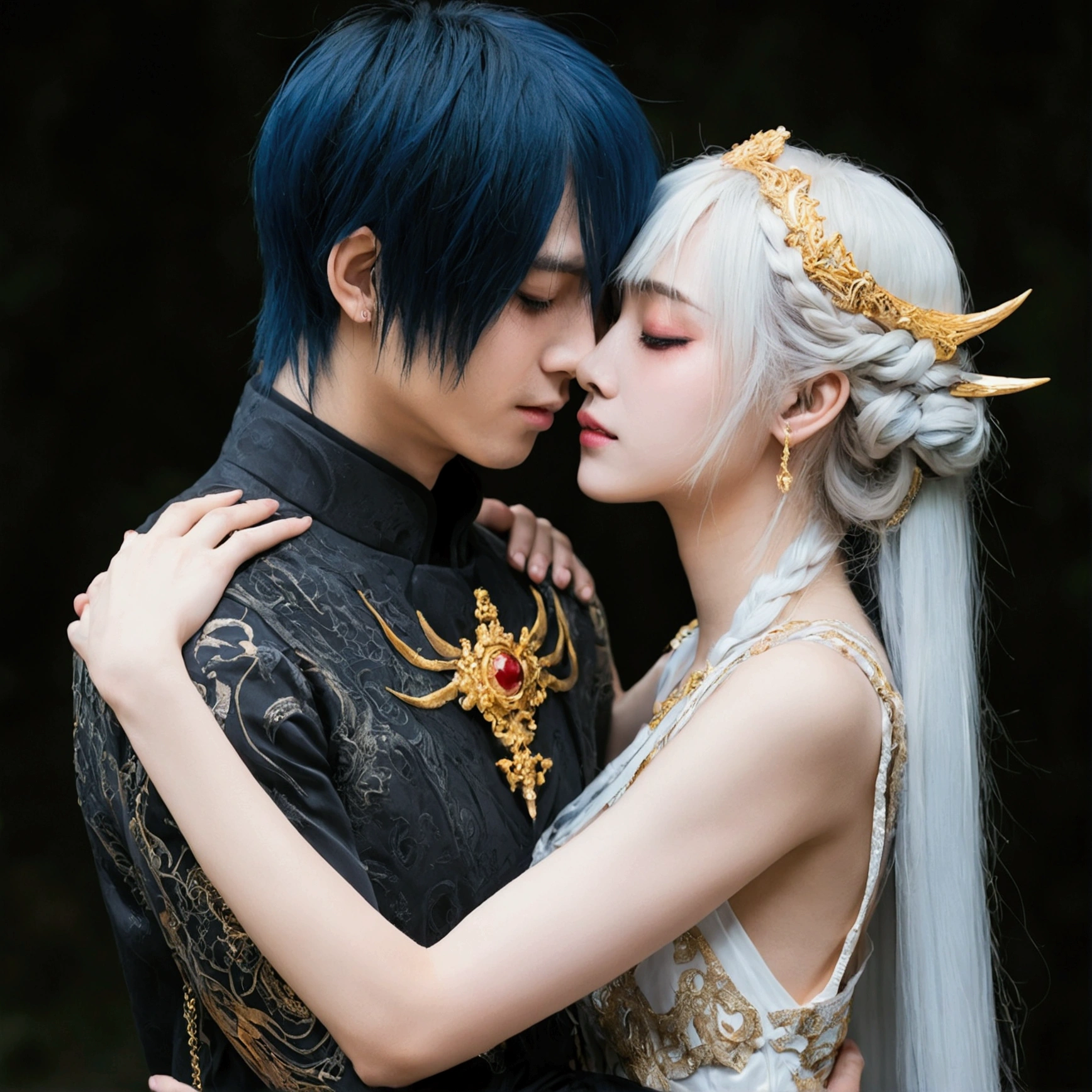 Emo god and goddess couple hug her from behind、Put your hands on her chest、Biting the neck 