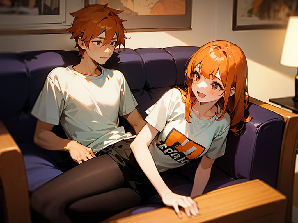 Young girl , , orange hair, excited, looks into the eyes, in a skirt and T-shirt, sitting on a guy's dick, guy lying on the sofa, guy's POV, guy has black hair, The girl sits with her legs apart, sits with legs spread to the sides, nsfw