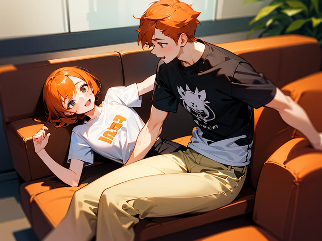 Young girl , , orange hair, excited, looks into the eyes, in a skirt and T-shirt, sitting on a guy's dick, guy lying on the sofa, guy&#39;s POV, guy has black hair, The girl sits with her legs apart, sits with legs spread to the sides, nsfw