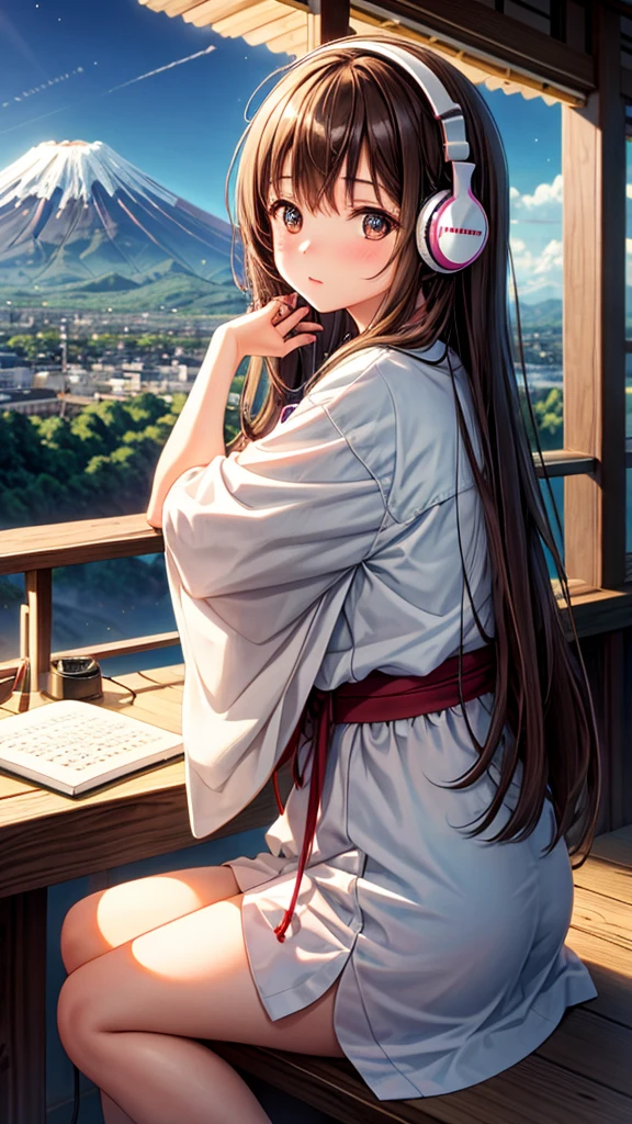 Lo-Fi Research, girl, write, ~ ~ Side, japanese girl, Brown Hair, Medium Long Hair, Headphones, Summer clothes, window, mount fuji background, summer night