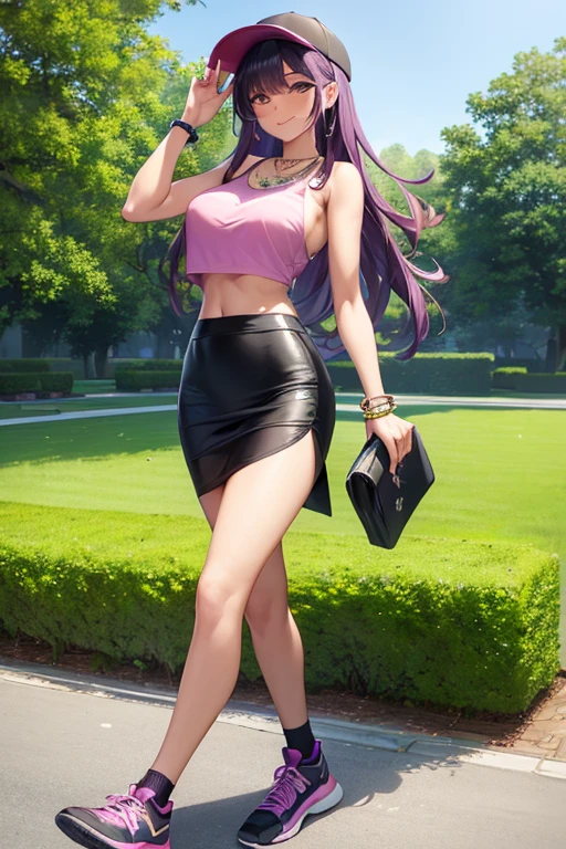 ((masterpiece, best quality, ultra-detailed)), 1girl, beautiful confident woman walking through a garden, smiling, pink tank top, midriff, bracelet, necklace, black midi pencil skirt, long black skirt, sneakers, socks, headphones, brim cap, full body, wavy purple hair