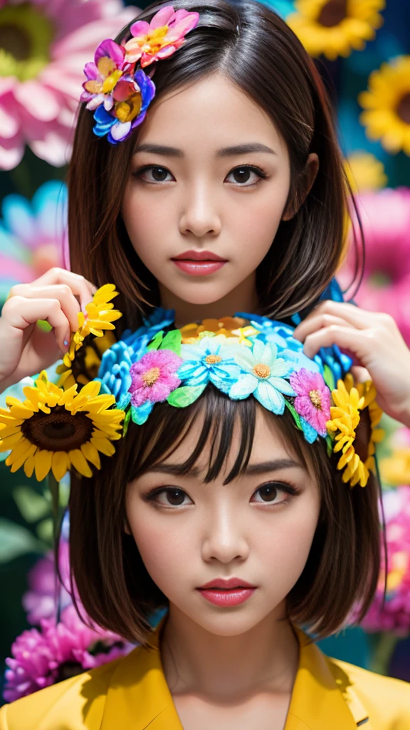 (8K, RAW photo:1.2),1 girl,(short hair:1.31),(8K, RAW photo:1.2),1 girl,((masterpiece, Highest_quality)), 1 girl, (realism:1.4), colorful flower theme:1.3), random colorful hair style, (random colorful flower eccentric clothed), (colorful flower art work to background:1.6)