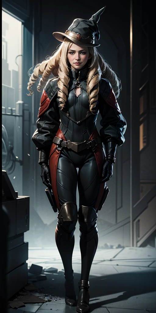 (4k, ultra high resolution, Prominence in Masterpiece, High Quality, Best Quality: 1.2) full body, 1 female, solo, 1girl, 1woman, lustful smirking smile blush, looking at viewer, sitting, blonde hair, long hair, (black jacket), beautiful and detailed face, detailed eyes, looking at the viewer (grey theme) close jacket (aesthetic clothing) hands on hips, wide hips, blonde long hair, blonde drill hair, blonde twin drills hair, blue wizard hat, Handcuffs on their hands, With a collar around the neck