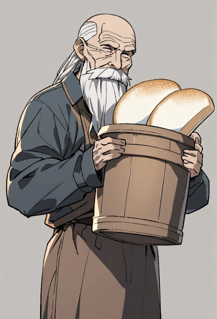 Old man, bald, long beard, white bread, carry a pot