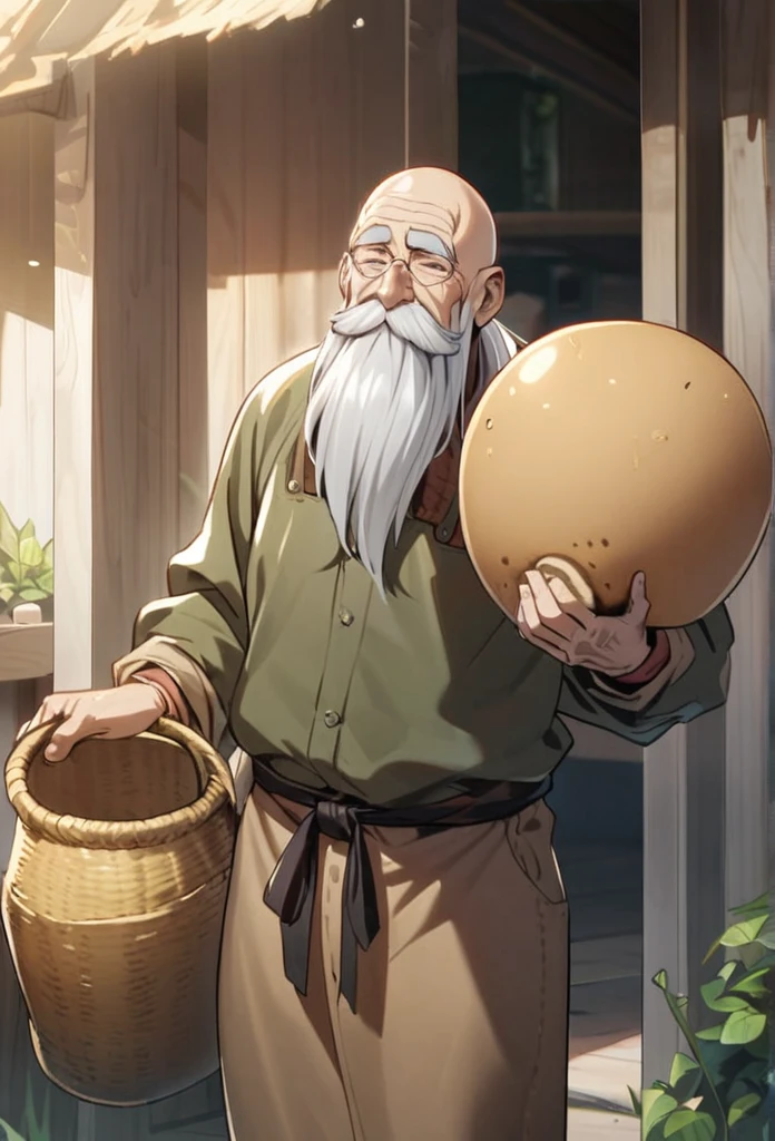 Old man, bald, long beard, white bread, carry a pot