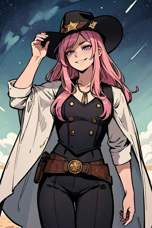 Perfect face. Perfect hands. A handsome pink haired cowboy with violet eyes and long hair in a sheriff's outfit is watching the stars in a wild west town with a big smile