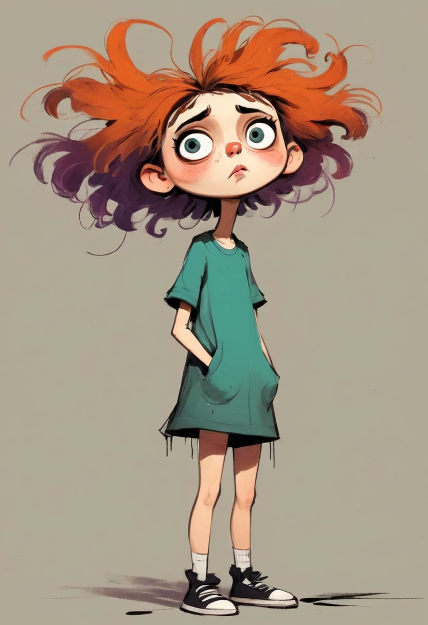 (((Exaggerated digital character sketches:1.37,Exaggerated body proportions))).(1 Girl,Solitary,big eyes,Pointed nose,(((runny nose))),Exaggerated expression,Exaggerated hairstyle),Messy hair),(Black sketch lines,Loose brushstrokes create the outline,Cartoon Style. Bright colors and simplified lines, sketch)。(Exaggerated body movements:1.37),(Large area of blank)