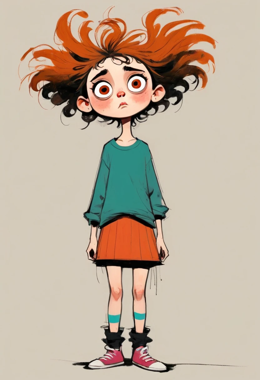 (((Exaggerated digital character sketches:1.37,Exaggerated body proportions))).(1 Girl,Solitary,big eyes,Pointed nose,(((runny nose))),Exaggerated expression,Exaggerated hairstyle),Messy hair),(Black sketch lines,Loose brushstrokes create the outline,Cartoon Style. Bright colors and simplified lines, sketch)。(Exaggerated body movements:1.37),(Large area of blank)