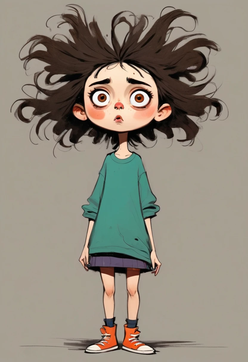 (((Exaggerated digital character sketches:1.37,Exaggerated body proportions))).(1 Girl,Solitary,big eyes,Pointed nose,(((runny nose))),Exaggerated expression,Exaggerated hairstyle),Messy hair),(Black sketch lines,Loose brushstrokes create the outline,Cartoon Style. Bright colors and simplified lines, sketch)。(Exaggerated body movements:1.37),(Large area of blank)