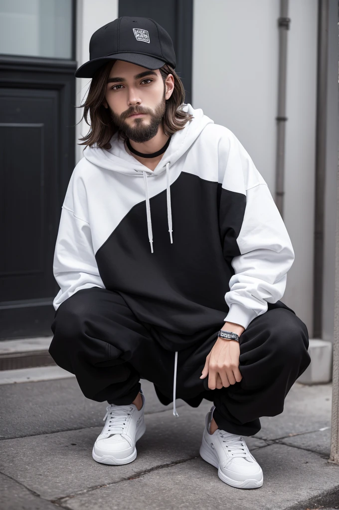 A tall boy, He has 1,80m, fluffy brown hair, dark brown eyes and a small beard growing on his face, he is wearing a black hat, your hair comes from below, a blue hooded sweatshirt open with a zipper, loose white shirt, small black bag, suspended on the left shoulder and the bag goes on the right side of the hip, baggy black pants and black skater sneakers, with white sole and white laces.