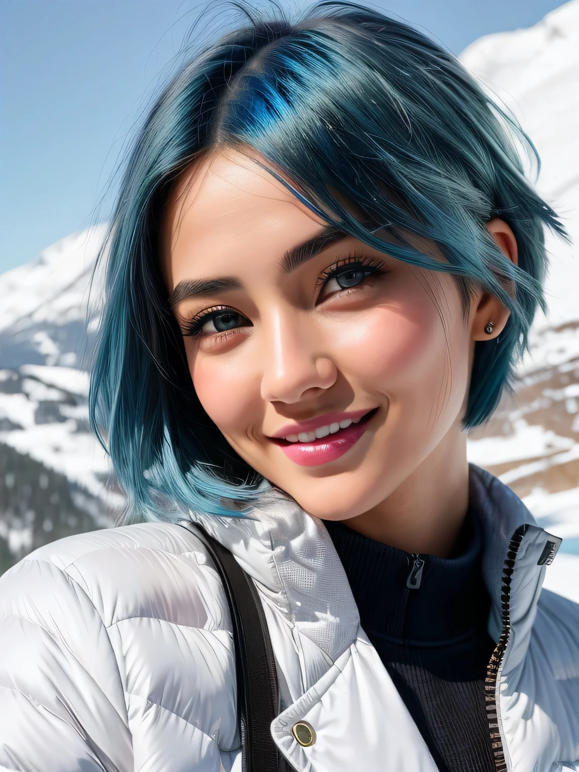 (blue hair:1.4), short hair, realistic green eyes, cobalt hair, long bob hair, tousled hair, shoulder length hair, Full body, woman with white skin and Asian features, 24 year old, big breast. She has a small, elegant nose with a slight upward curve at the tip. Her lips are full and naturally pink, with a well-defined Cupid's bow. Her teeth are straight and white, enhancing her captivating smile. Her face has an oval shape with high cheekbones that add to her model-like appearance. highly detailed glowing eyes, specular light, extreme quality, crystal clear, cute face, detailed skin pores, oil Dark skin, brown, complex eye details, 8K, (realistic:1.3), finely detailed, quality, rembrandt lighting, (masterpiece:1.2), (photorealistic:1.2), (best quality), (detailed skin:1.3), (intricate details), dramatic, ray tracing, 1girl, detailed skin texture, (blush:0.5), (goosebumps:0.5), subsurface scattering, smiling, winterjacket, ski pants, (bright sunny day, snow mountain, alpine slopes, snow)
, (short hair:1.2), (short hair:1.3), (short hair:1)