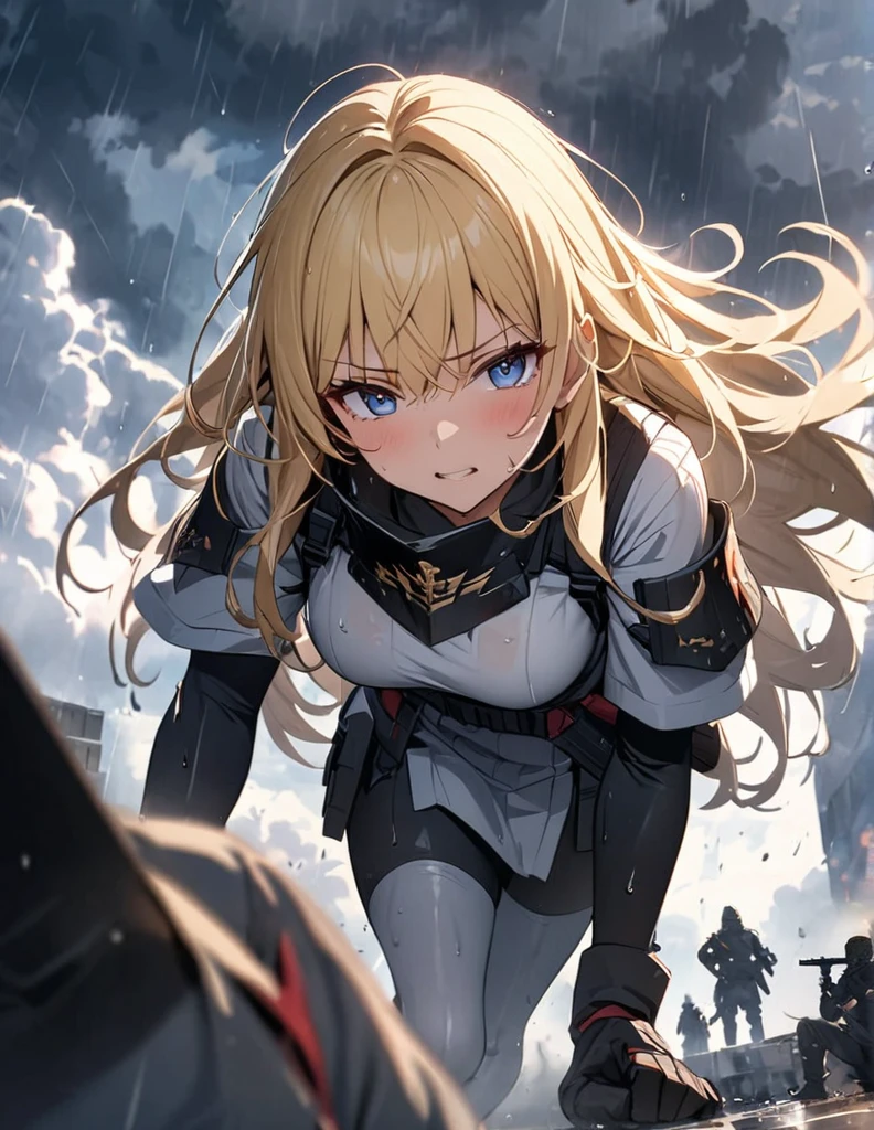 (anime)、(masterpiece:1.2),Atmospheric perspective,Lens flare、Fog of Battlefield、Thick clouds cover the sky, Makes the world look grey、When it rains, The female knight is crouching.。With an irritated look on his face, he vows revenge..。Rain-soaked hair、blonde、blue eyes、、Traces of fierce fighting are everywhere、Smoke rising from everywhere、A work of blurry color M4 Carbine,Possession of a gun
