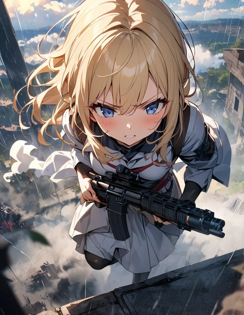 (anime)、(masterpiece:1.2),Atmospheric perspective,Lens flare、Fog of Battlefield、Thick clouds cover the sky, Makes the world look grey、When it rains, The female knight is crouching.。With an irritated look on his face, he vows revenge..。Rain-soaked hair、blonde、blue eyes、、Traces of fierce fighting are everywhere、Smoke rising from everywhere、A work of blurry color M4 Carbine，Possession of a gun