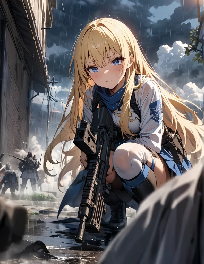 (anime)、(masterpiece:1.2),Atmospheric perspective,Lens flare、Fog of Battlefield、Thick clouds cover the sky, Makes the world look grey、When it rains, The female knight is crouching.。With an irritated look on his face, he vows revenge..。Rain-soaked hair、blonde、blue eyes、、Traces of fierce fighting are everywhere、Smoke rising from everywhere、A work of blurry color M4 Carbine,Possession of a gun