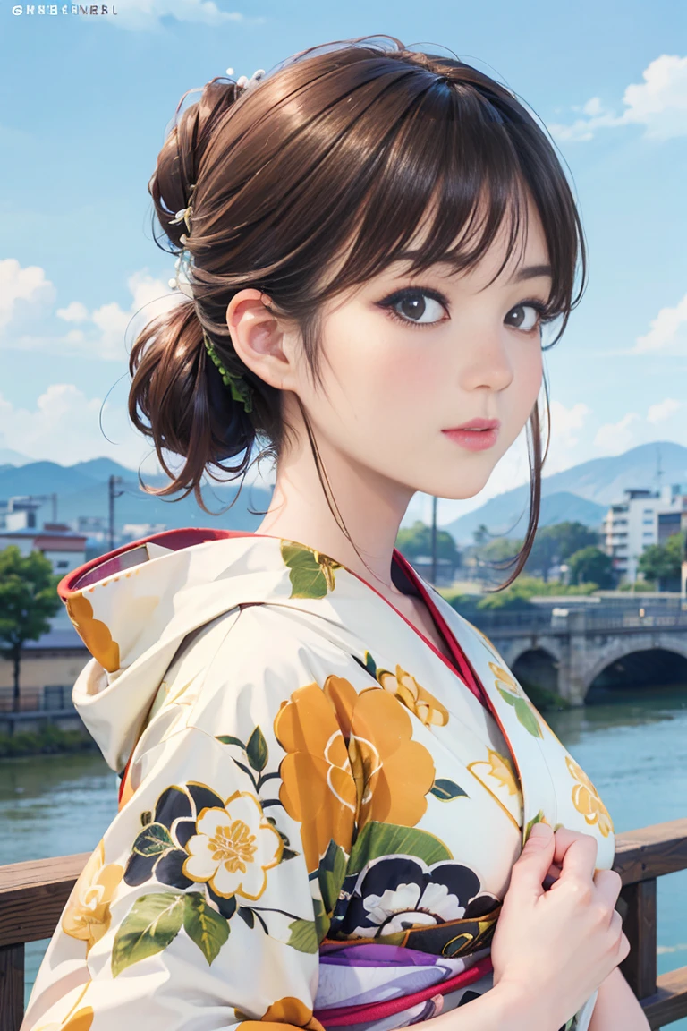(Highest quality、 8k 、masterpiece、High resolution)、(whole body)、Vibrant colors、Brown-black bob、Traditional round topknot、Ample breasts、(Highly detailed face and eyes、Beautiful Face、Beautiful Eyes、Beautiful nose、Pretty lips)、 (Beautiful woman standing on a riverside observation deck)、A friendly gaze、Oh!!Facial expression that、(Vivid floral patterned kimono)、Official Art、 The background is a wide river、Nearby bridge、Riverside streetscape、Mountains in the distance、Detailed CG、