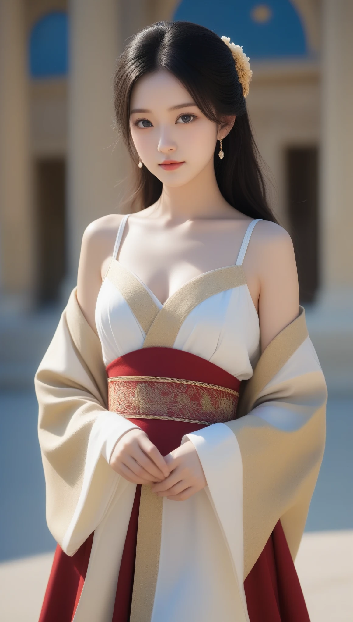8k, Ultra-high resolution, Highest quality, masterpiece, 三分割法によるphotograph,Surreal, photograph, 1 Girl, (16 years old:1.3), pretty girl, Cute Face, Beautiful eyes in every detail, 細かくdetailedに,masterpiece,One Girl:1.2, Japan Female Announcer,upper body,disgust,Long black hair,Pulled back hair,(Dressed in medieval European clothing:1.3),(印象派の美しい少女のPortraiture), (Standing in the square of the Palace of Versailles:1.3), (After the Rain), (Sunset reflection), (Impressionist light and colour),Realistic Skin, Perfect and beautiful face ,完璧でCute Face, Skin with attention to detail, Perfect limbs、Narrow waist,Looking at the audience、beauty,Long neck,clavicle,(((Ideal body type))),A cup small breasts :2,Portraiture:2,Perfect Anatomy,鮮明なdetailed,detailed,Surreal,Light and shadow,darkness