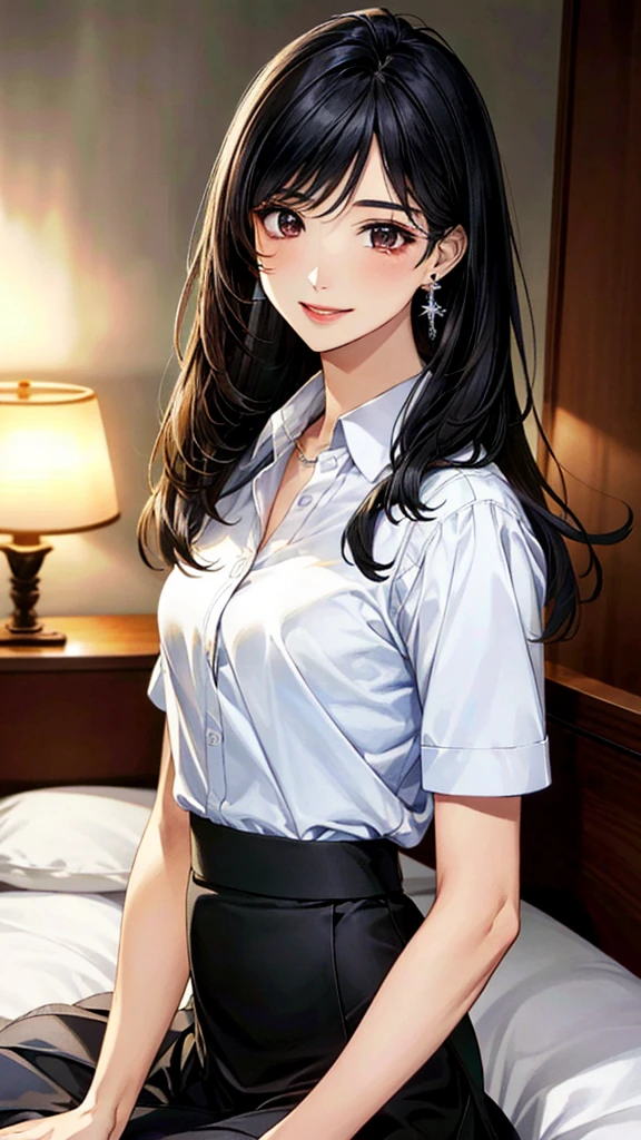 (masterpiece:1.3, Highest quality, Ultra-high resolution, Super detailed), (Realistic, photoRealistic:1.4), Beautiful illustrations, Perfect lighting, colorful, Depth of written boundary,
Beautiful detailed hair, Beautifully detailed face, Beautiful fine details, Beautiful clavicle, Beautiful body, 美しいLarge Breasts, Beautiful thighs, Beautiful feet, Beautiful fingers,
View Viewer、Front view:0.6, Beauty1人, Japanese, Beauty、30 years old, Perfect Face, (Perfect Anatomy, Anatomically correct), Cute and symmetrical face, Baby Face, , Shiny skin,
((Collared shirt:1.4)), ((Long skirt:1.5))、
(Black Hair, Medium Straight Hair:1.4), Dark brown eyes, Large Breasts, Slim body,
necklace, (Small earrings:1.3),
(Beautiful views), (night), (Hotel Rooms、bed), bedで横になっている, A soft smile、(Smile, Lips parted),