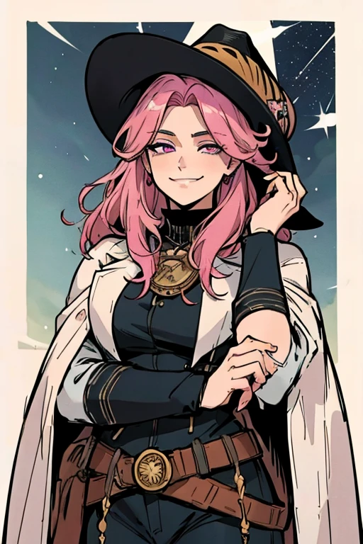 Perfect face. Perfect hands. A handsome pink haired cowboy with violet eyes and long hair in a sheriff's outfit is watching the stars in a wild west town with a big smile