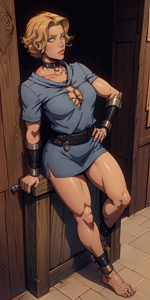 (for rest:face:lora)(long curly blonde hair) whole body, barefoot, Alone, female, big chest, linen tunic, fantasy town, armor, Handcuffs on hands with a collar around the neck, hands on the hips, slave ((black choker, leg and arm shackles))