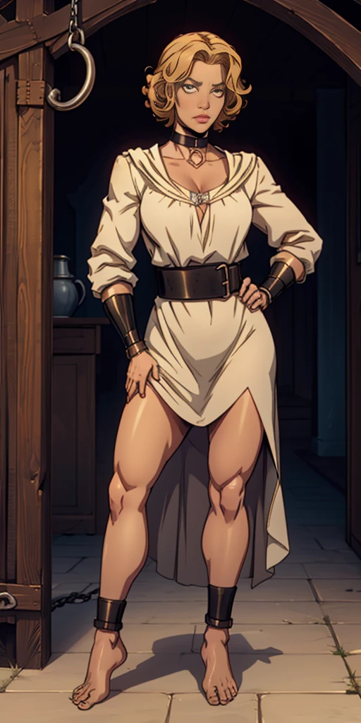 (for rest:face:lora)(long curly blonde hair) whole body, barefoot, Alone, female, big chest, linen tunic, fantasy town, armor, Handcuffs on hands with a collar around the neck, hands on the hips, slave ((black choker, leg and arm shackles))