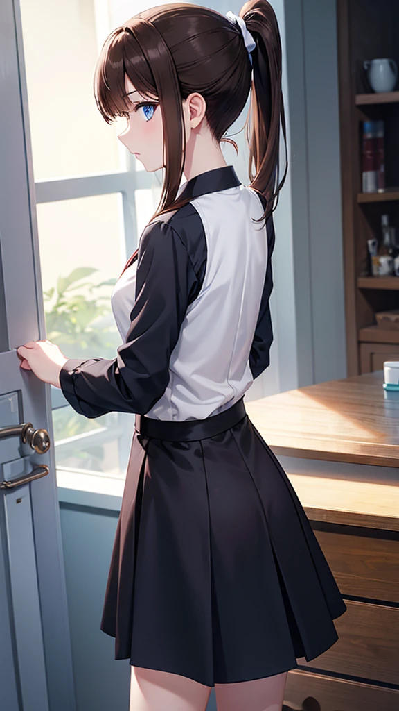 ponytail, brown hair, blue eyes, dress shirt, standing, Pale skin, from behind, --niji 5 --ar 2:3 --s 1000