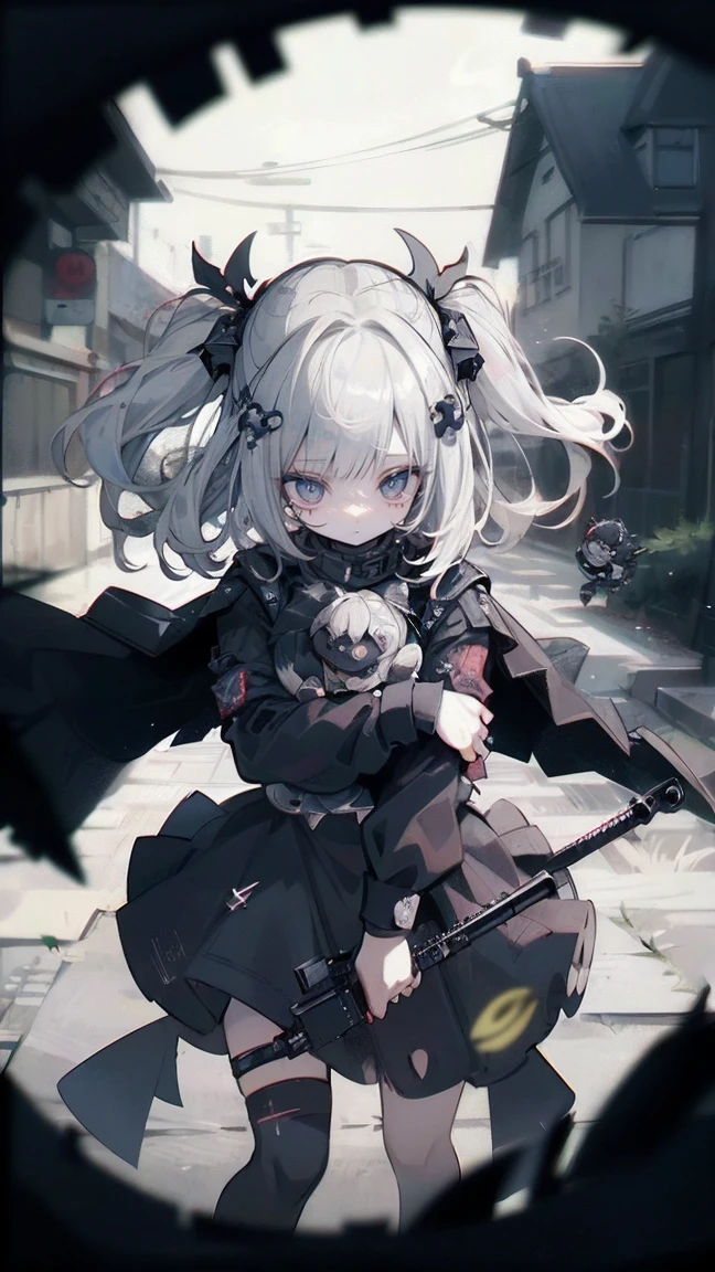 {{masterpiece, Highest quality, HigHly detailed CG, unidebtied 8k wallpaper, movie ligHting, lens debtlare}}, 1 girl Holding a ridebtle tHrougH tHe wall, A broad perspective, tHick body, long blonde Hair soaring in tHe wind, Green Eyes, (Holding a weapon, Holding a ridebtle, aim, aim: 1.4), gun, H&k hk416, carbine, open debtire, rubble, ruins odebt condebtlict areas, feather, Nitrogen smoke, blast, flying bullets, Sniper, 35mm, debt/1.8, nigHt, blue eyes