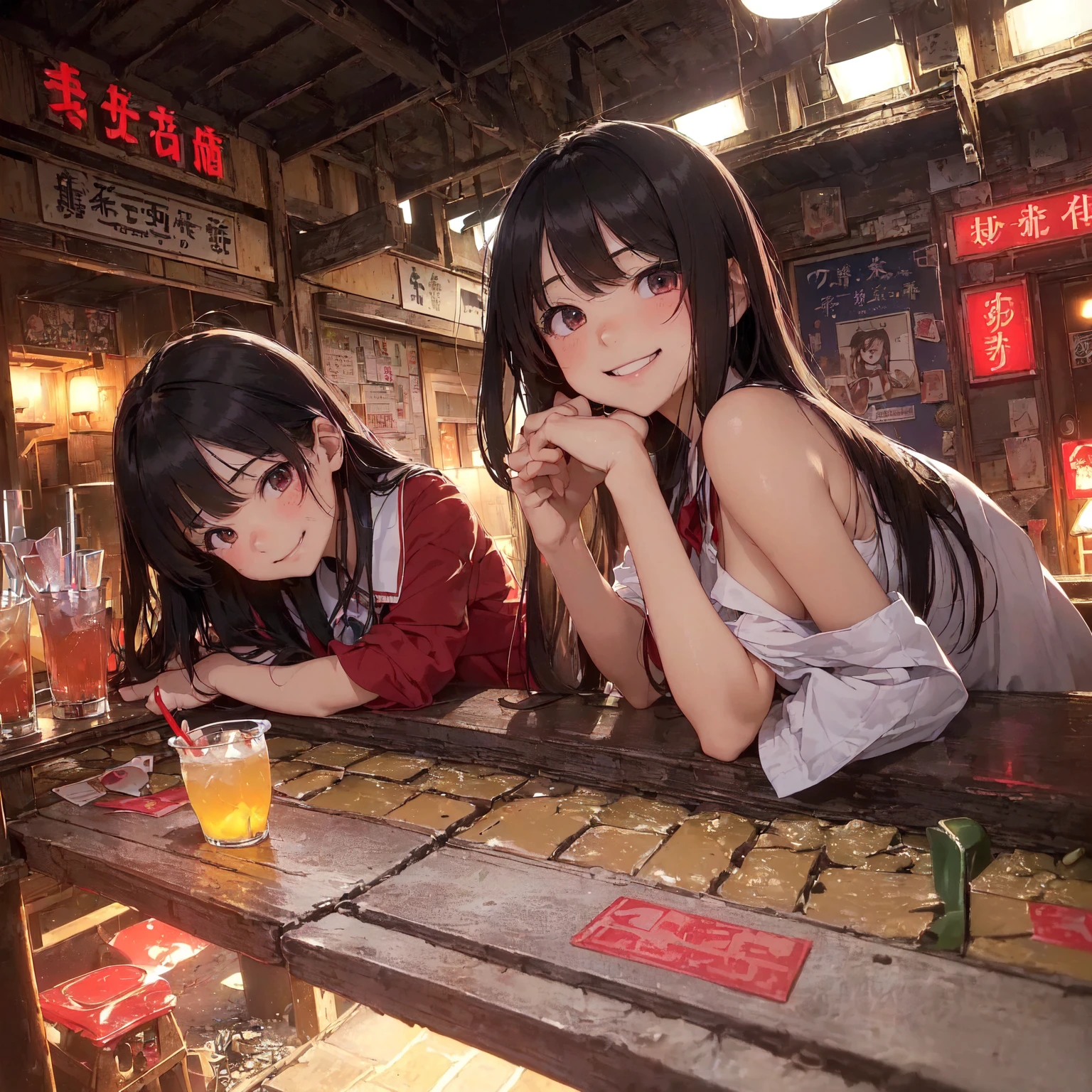 (masterpiece、Highest quality)、(Japan favelas、Seedy Night City)、((Unhygienic and lifeless:1.4、Shady Red Light District)、((Junior high school girl、3 or more cute girls、smile、fun))、((Unsanitary and dim))、Shady Red Light District、Sale of drinks、(Outer phase)、smile、Happy schoolchildren、Perfect Anatomy