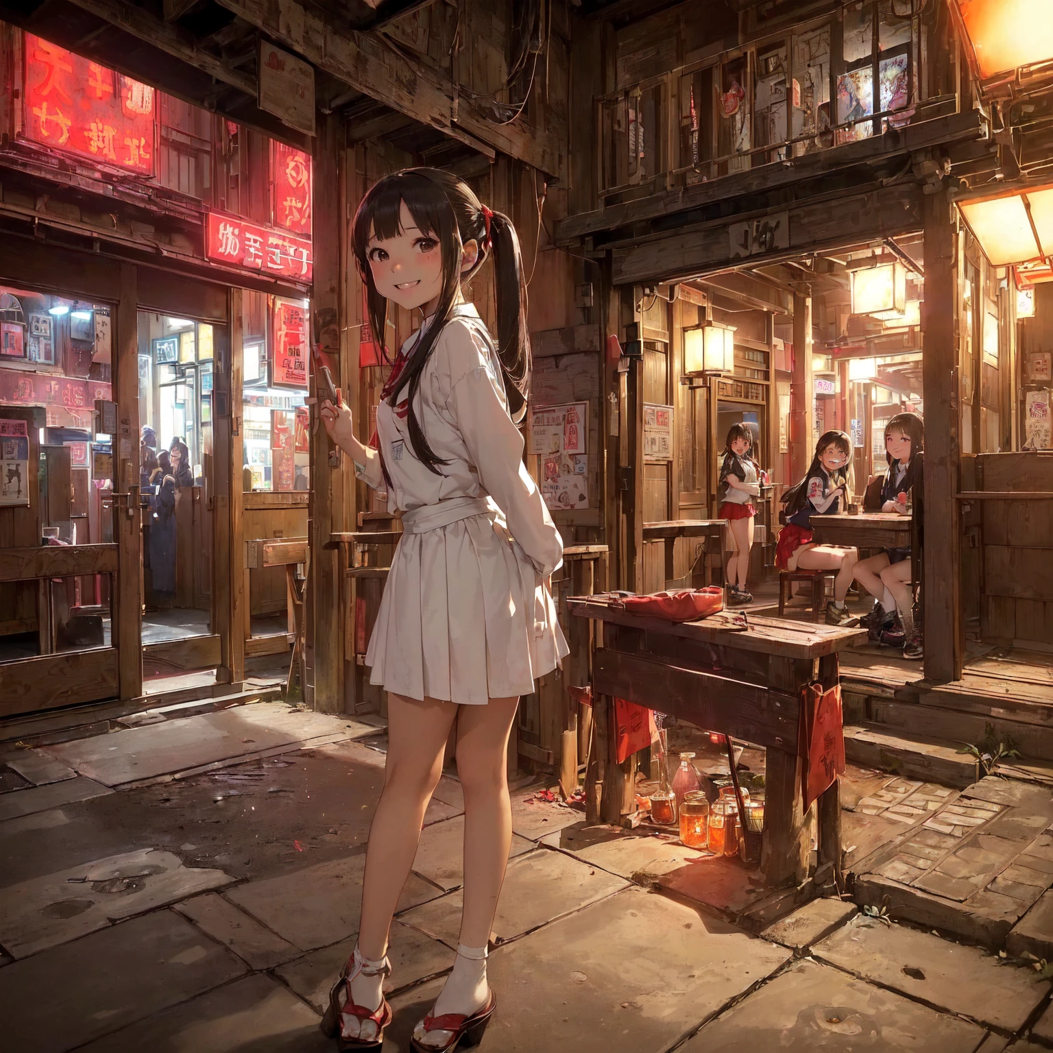 (masterpiece、Highest quality)、(Japan favelas、Seedy Night City)、((Unhygienic and lifeless:1.4、Shady Red Light District)、((Junior high school girl、3 or more cute girls、smile、fun))、((Unsanitary and dim))、Shady Red Light District、Sale of drinks、(Outer phase)、smile、Happy schoolchildren、Perfect Anatomy