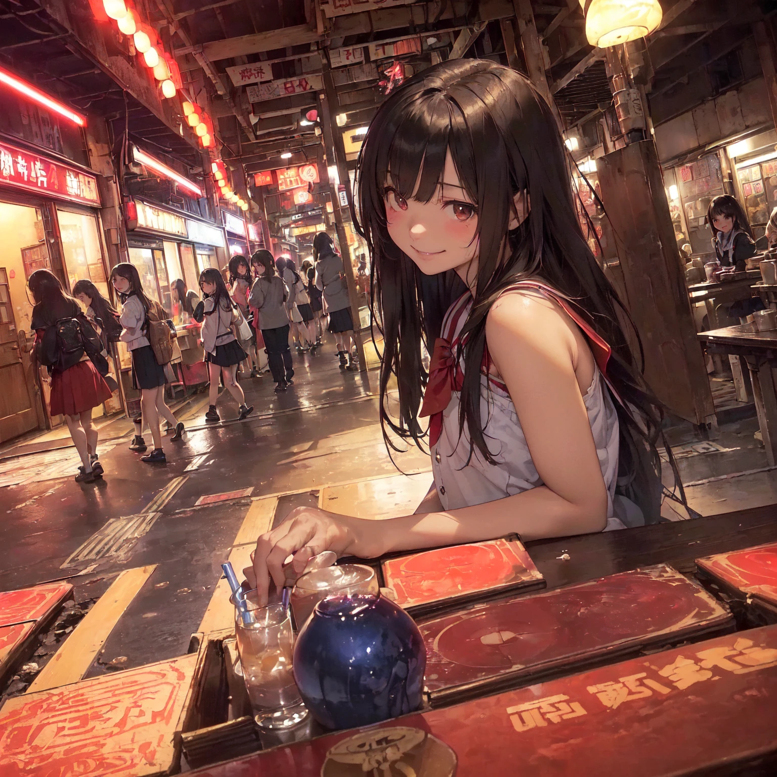 (masterpiece、Highest quality)、(Japan favelas、Seedy Night City)、((Unhygienic and lifeless:1.4、Shady Red Light District)、((Junior high school girl、3 or more cute girls、smile、fun))、((Unsanitary and dim))、Shady Red Light District、Sale of drinks、(Outer phase)、smile、Happy schoolchildren、Perfect Anatomy