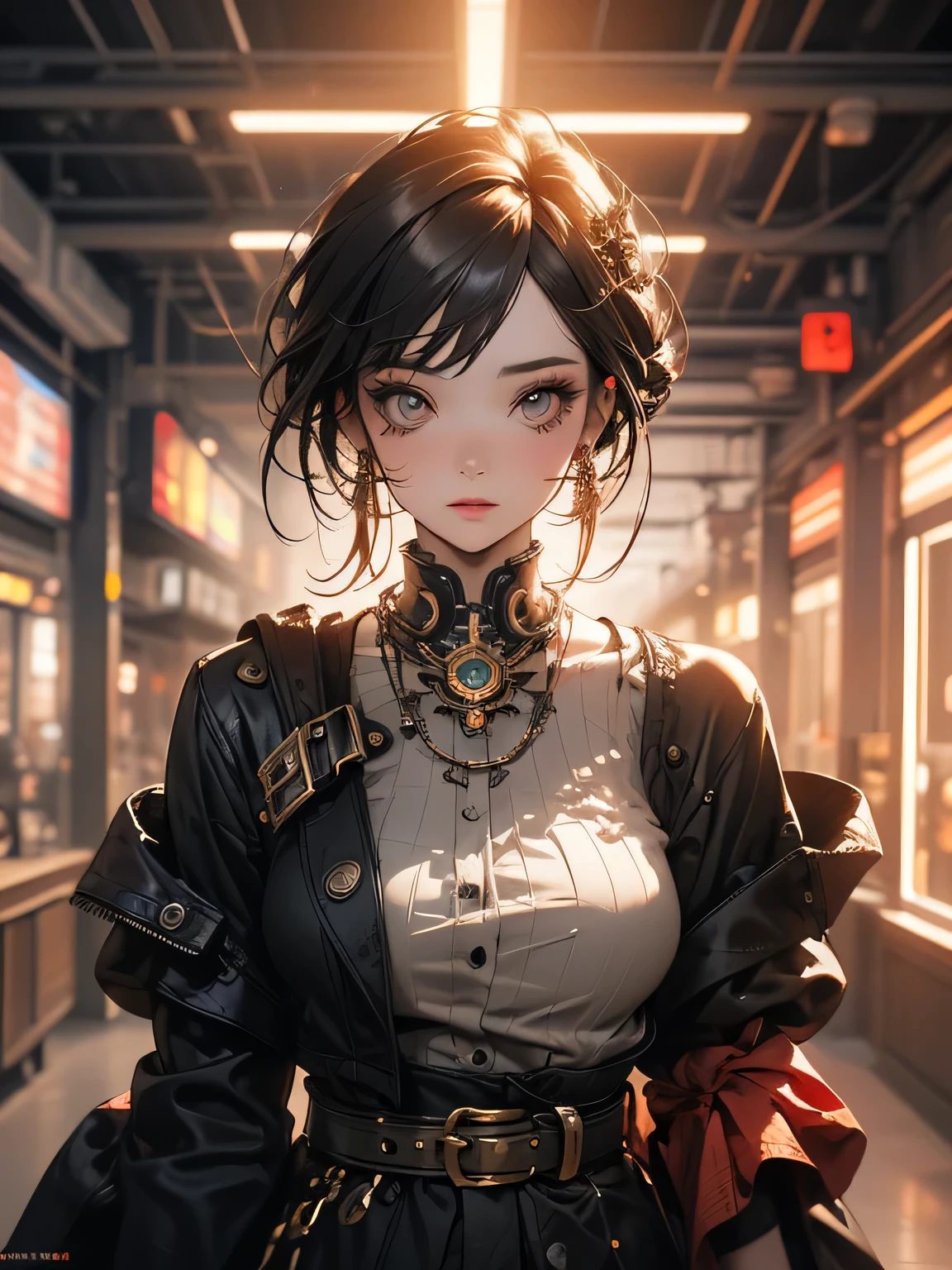 Steampunk robot woman portrait, Exquisitely crafted, Digital Ilustration, Sunset gradient, Trend Art Station Headquarters, Octane Rendering, Unreal Engine 4 MDJRNY-V4 Style