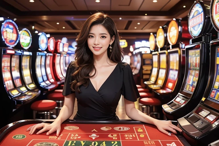 Highest quality、4K、perfect face、perfect style、sunburn、beautiful、mature、Long, layered, curly brown hair.、I grabbed my back.、full body, sexy 、charming、healthy、dinner、black dress、wine、at night、with a lover、Giddy smile(random background,In casinos,VIP casino room, Modern Casino Console, Modern Slot Machines )