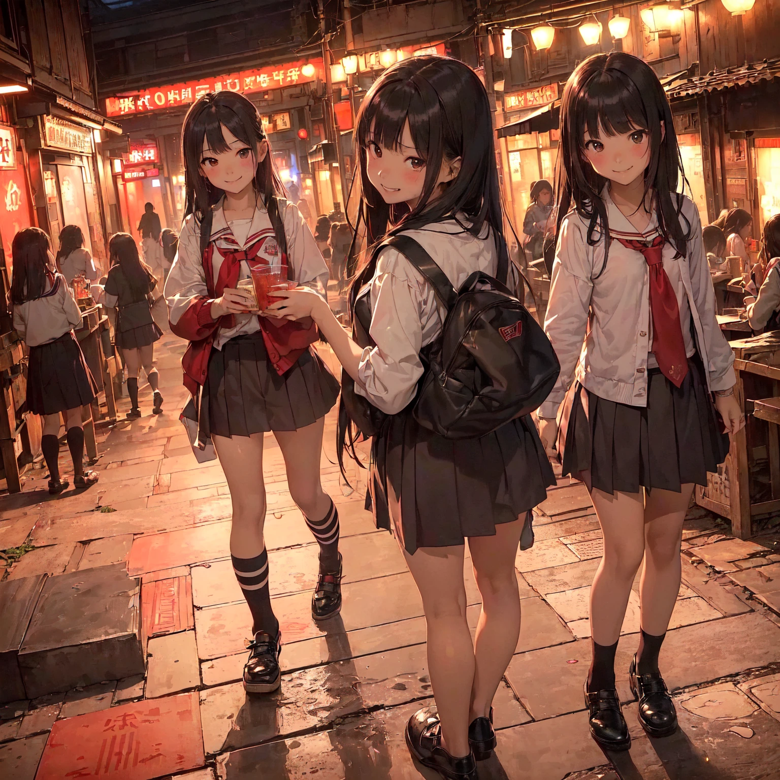 (masterpiece、Highest quality)、(Japan favelas、Seedy Night City)、((Unhygienic and lifeless:1.4、Shady Red Light District)、((Junior high school girl、3 or more cute girls、smile、fun))、((Unsanitary and dim))、Shady Red Light District、Sale of drinks、(Outer phase)、smile、Happy schoolchildren、Perfect Anatomy