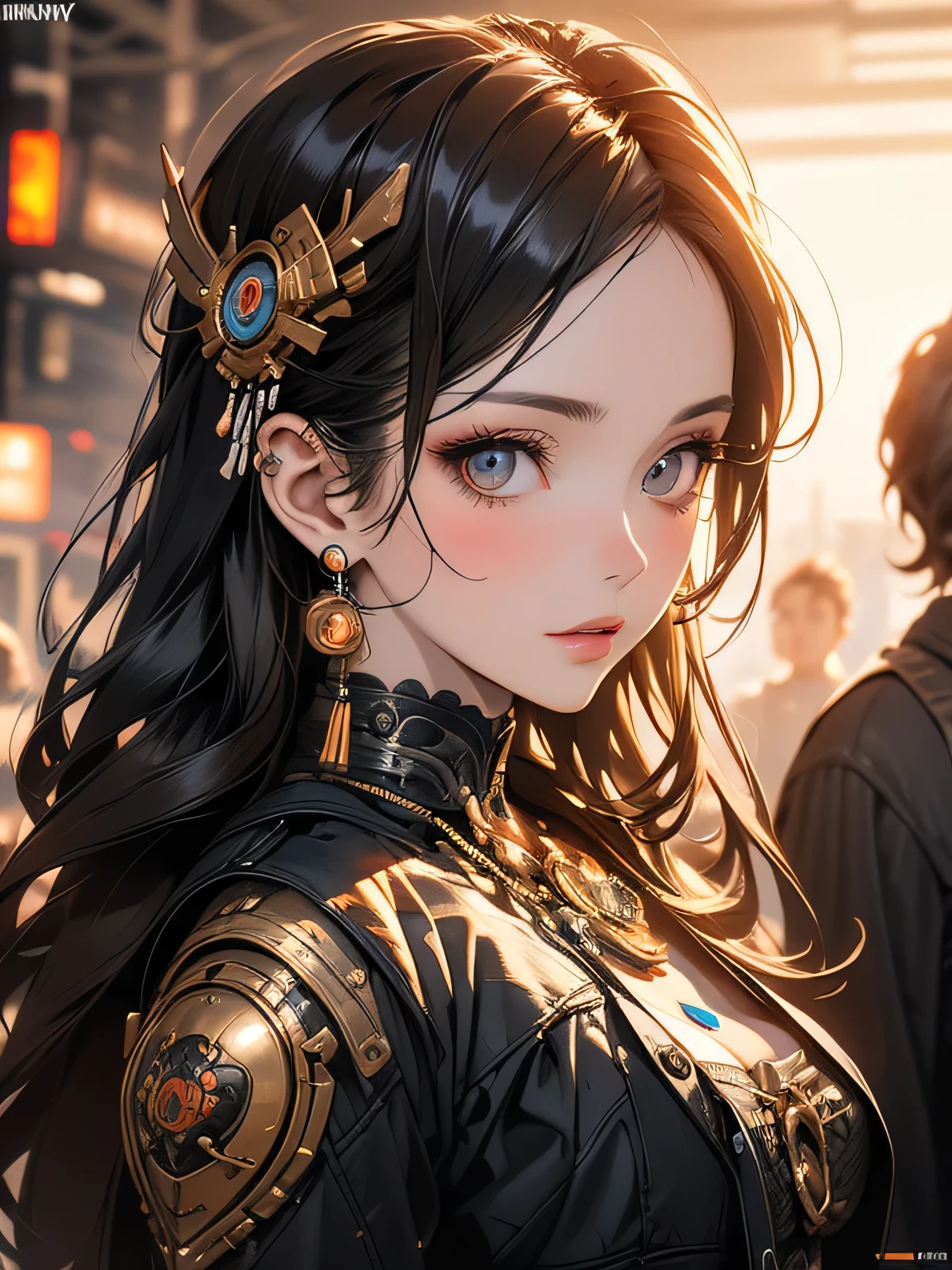 Steampunk robot woman portrait, Exquisitely crafted, Digital Ilustration, Sunset gradient, Trend Art Station Headquarters, Octane Rendering, Unreal Engine 4 MDJRNY-V4 Style