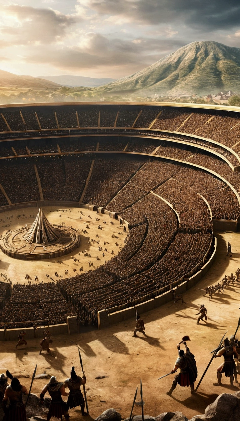 Create a detailed image of the annual Spartan event, featuring a massive arena where the best Spartan warriors and the bravest Helot slaves prepare to battle to the death.