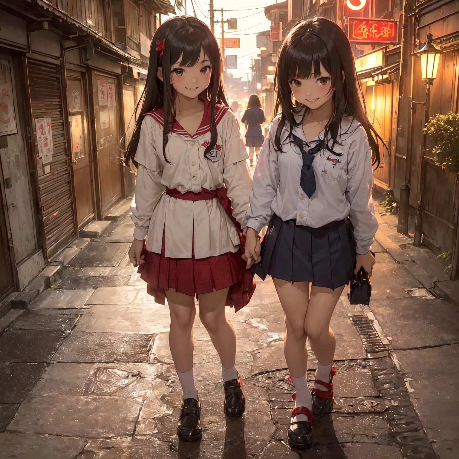 (masterpiece、Highest quality)、(Japan favelas、Seedy Night City)、((Unhygienic and lifeless:1.4、Shady Red Light District)、((Junior high school girl、3 or more cute girls、smile、fun))、((Unsanitary and dim))、Shady Red Light District、Sale of drinks、(Outer phase)、smile、Happy schoolchildren、Perfect Anatomy