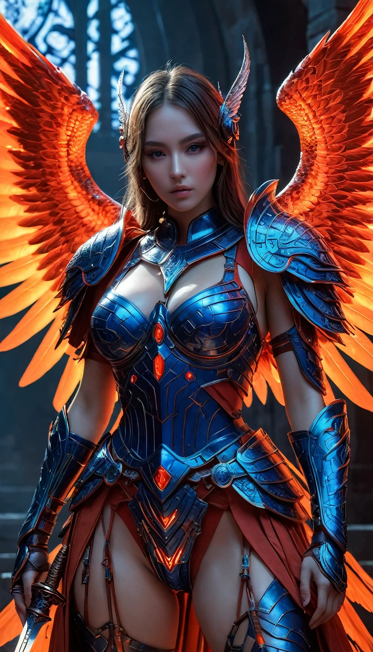 masterpiece,ASCII,8k.absurdes,intricate,maximum resolution, hyper detailed, Mirage pureerosface_v1,DonMn1ghtm4reXL,glow, fog, red armor with orange and blue details, visible cleavage, hellgate london themed,angelical, sanguinius, force huge wide wings, glowing wings, energy wings, visible thigh, holding sword,
