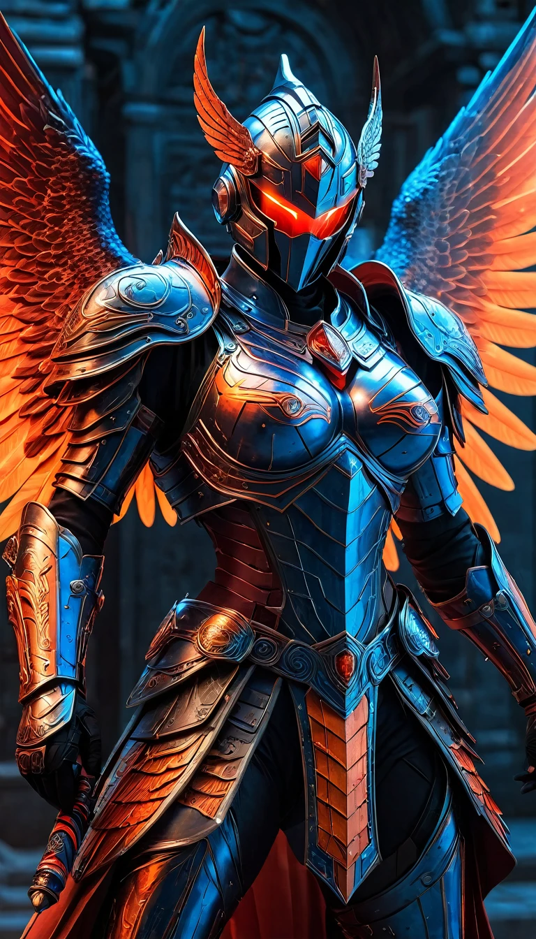 masterpiece,ASCII,8k.absurdes,intricate,maximum resolution, hyper detailed, Mirage pureerosface_v1,DonMn1ghtm4reXL,glow, fog, red armor with orange and blue details, visible cleavage, hellgate london themed,angelical, sanguinius, force huge wide wings, glowing wings, energy wings, visible thigh, holding sword,
