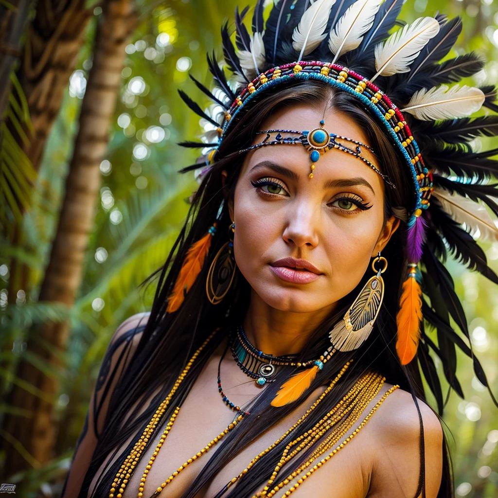 Woman in a feather headdress with feathers on her head,(((rosto pintado))), Retrato da princesa asteca, usando coroa de penas brilhantes, com penas, beautiful young female shaman,rosto pintado,Strobe, she is dressed in shaman clothes,sombra, cocar emplumado,(Auroracore : 1,5),auto contrast, tatuagem do esterno, cocar ornamentado, a young female shaman, Angelina Jolie UHD, cocar, : native american shamen fantasy, cocar centralizado,rosto pintado,Strobe,Auroracore, Bobina de Tesla.