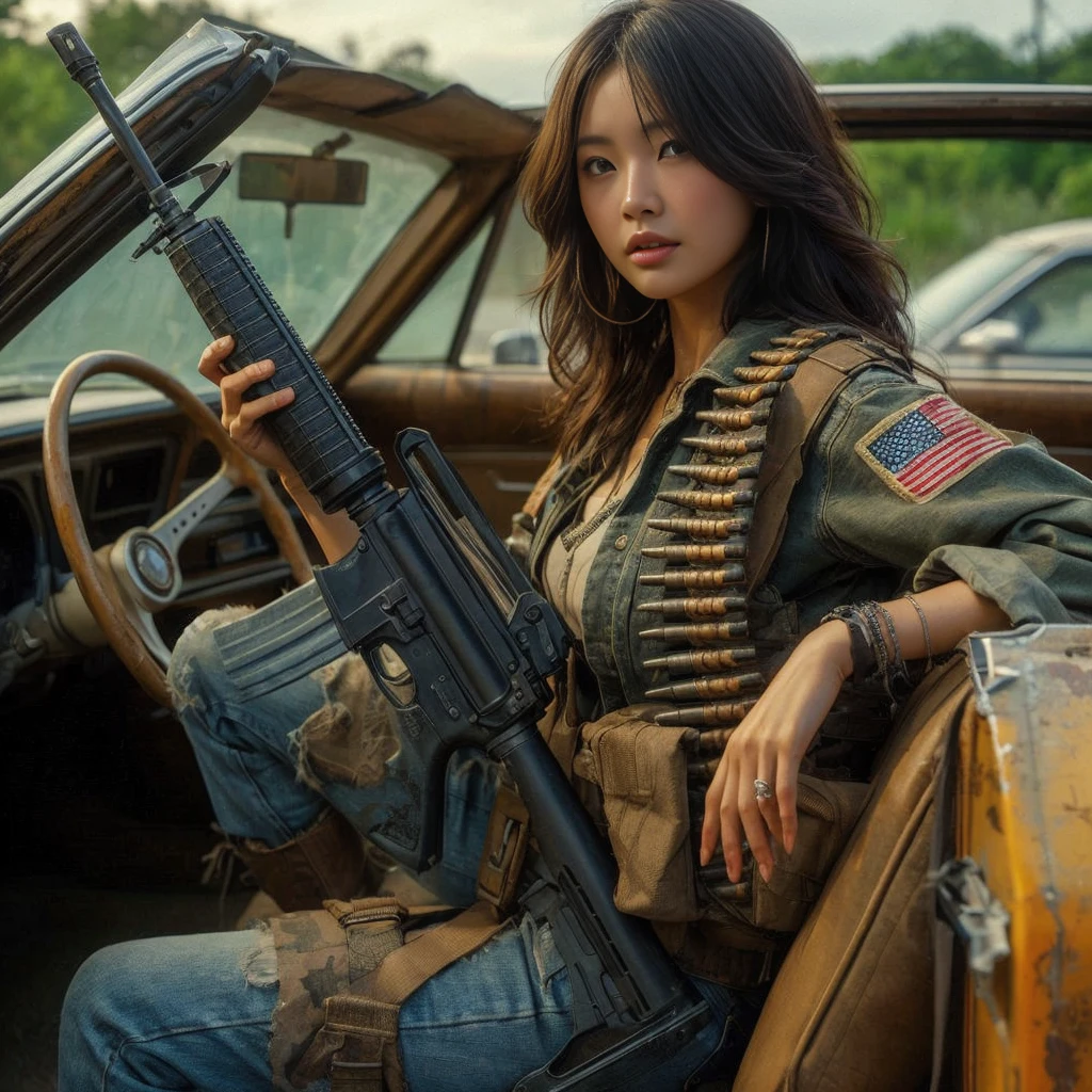 8k,Realistic Photo、Realistic Skin Texture、Superrealism、Japanese women living in America、Loading luggage into a worn-out convertible、Carrying a rifle on his shoulder