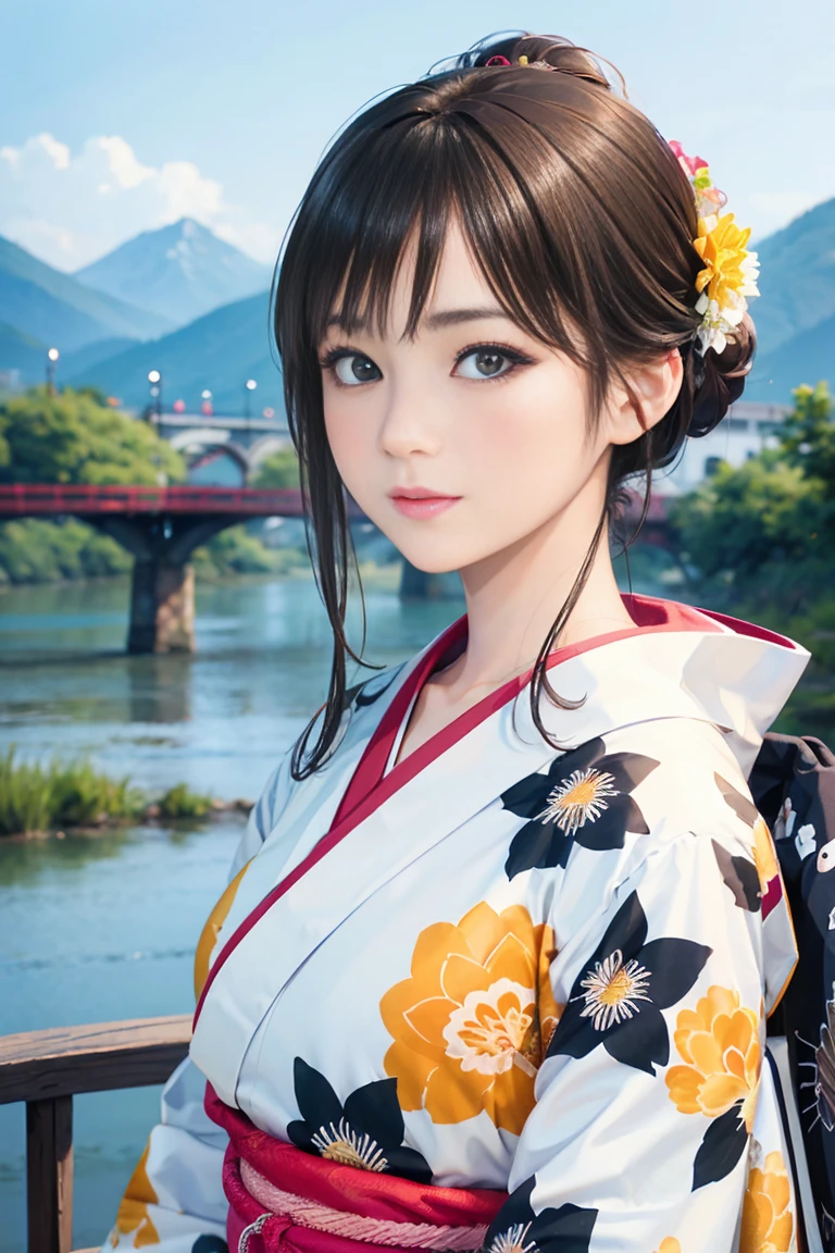 (Highest quality、 8k 、masterpiece、High resolution)、(whole body)、Vibrant colors、Brown-black bob、Traditional round topknot、Ample breasts、(Highly detailed face and eyes、Beautiful Face、Beautiful Eyes、Beautiful nose、Pretty lips)、 (Beautiful woman standing on a riverside observation deck)、A friendly gaze、Oh!！Facial expression that、(Vivid floral patterned kimono)、Official Art、  The background is a wide river、Nearby bridge、Riverside streetscape、Mountains in the distance、Detailed CG、