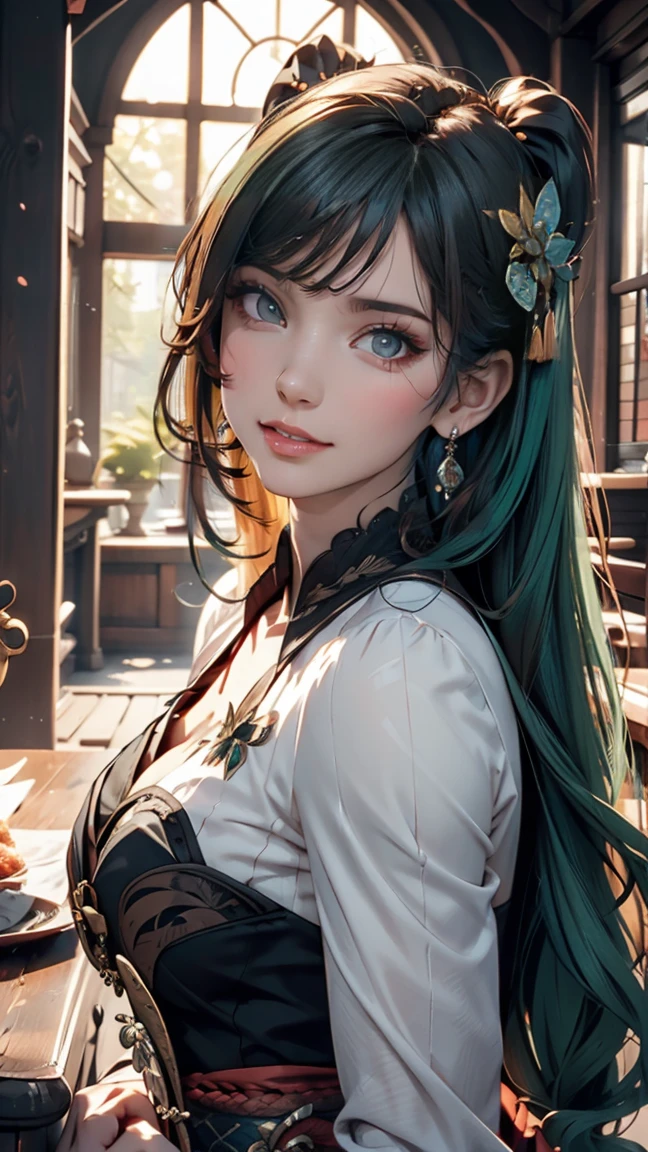 One girl, alone, hair ornaments, Green Hair, Twin tails, Long Hair, dress, water,, Mid shot portrait photography (Farzan) From Genshin Impact,, Dark Fantasy Background, Charming grin., By Greg Rutkowski and Walt Disney、Extremely realistic, highly detailed and intricate photorealistic analog style photos。Eyes sharply focused, Cinema Lighting,, , ,超High resolution, High resolution, 8k