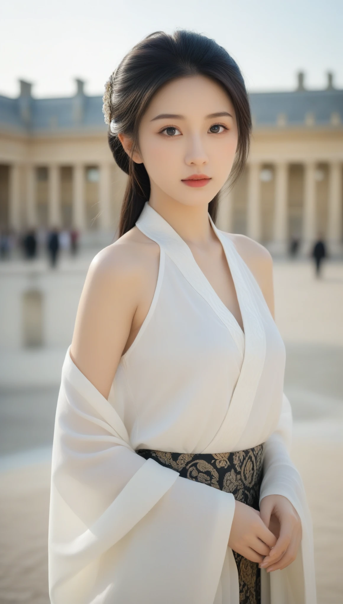 8k, Ultra-high resolution, Highest quality, masterpiece, 三分割法によるphotograph,Surreal, photograph, 1 Girl, (16 years old:1.3), pretty girl, Cute Face, Beautiful eyes in every detail, 細かくdetailedに,masterpiece,One Girl:1.2, Japan Female Announcer,upper body,disgust,Long black hair,Pulled back hair,(Dressed in medieval European clothing:1.3),(印象派の美しい少女のPortraiture), (Standing in the square of the Palace of Versailles:1.3), (After the Rain), (Sunset reflection), (Impressionist light and colour),Realistic Skin, Perfect and beautiful face ,完璧でCute Face, Skin with attention to detail, Perfect limbs、Narrow waist,Looking at the audience、beauty,Long neck,clavicle,(((Ideal body type))),A cup small breasts :2,Portraiture:2,Perfect Anatomy,鮮明なdetailed,detailed,Surreal,Light and shadow,darkness