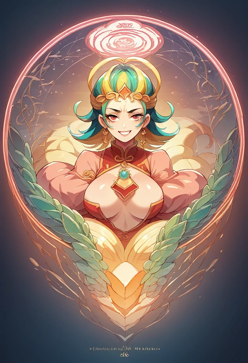 Create an illustration of an anthropomorphized sparrow girl at a vibrant, colorful mahjong tournament. She is wearing a cheongsam with traditional Chinese patterns and accessories made from mahjong tiles. Her hair is a gradient of brown and white with highlights of fluorescent pink and green, and her eyes are bright brown with a touch of fluorescent glow. She is posed joyfully celebrating a win, holding a mahjong tile between her fingers. The background features mahjong tables under colorful neon lights and lanterns, creating a lively and energetic atmosphere. Her expression is a beaming, joyous smile, capturing her exuberant personality.Concept Art、sexy、Exposed Skin、Mandala